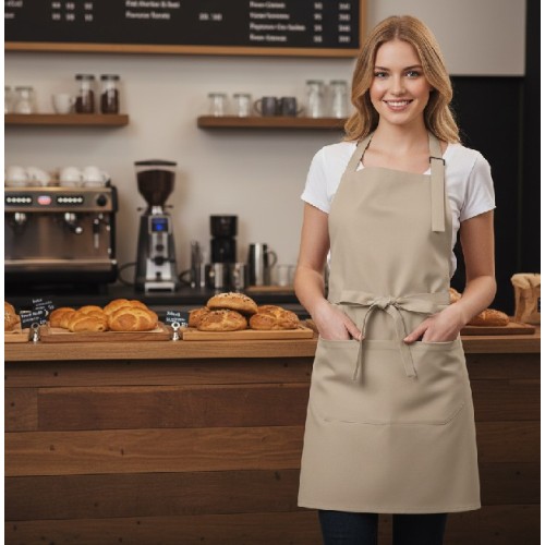 Číšnická zástěra s laclem a kapsou Kariban 100% bavlna - barva béžová